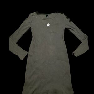 wild fable Olive Green Ribbed Long-Sleeve Dress with Daisy Accent